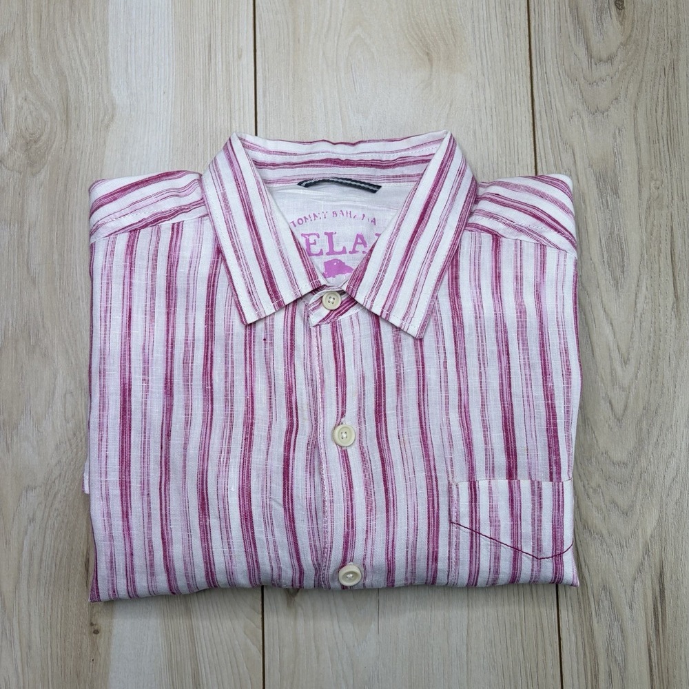 Tommy Bahama Mens 100% Linen Button Up Striped Shirt Large Long Sleeve Red White - Picture 2 of 14